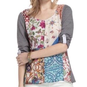 One September Anthropologie S Roll Tab Sleeves Patchwork Mixed Media Milieu Top